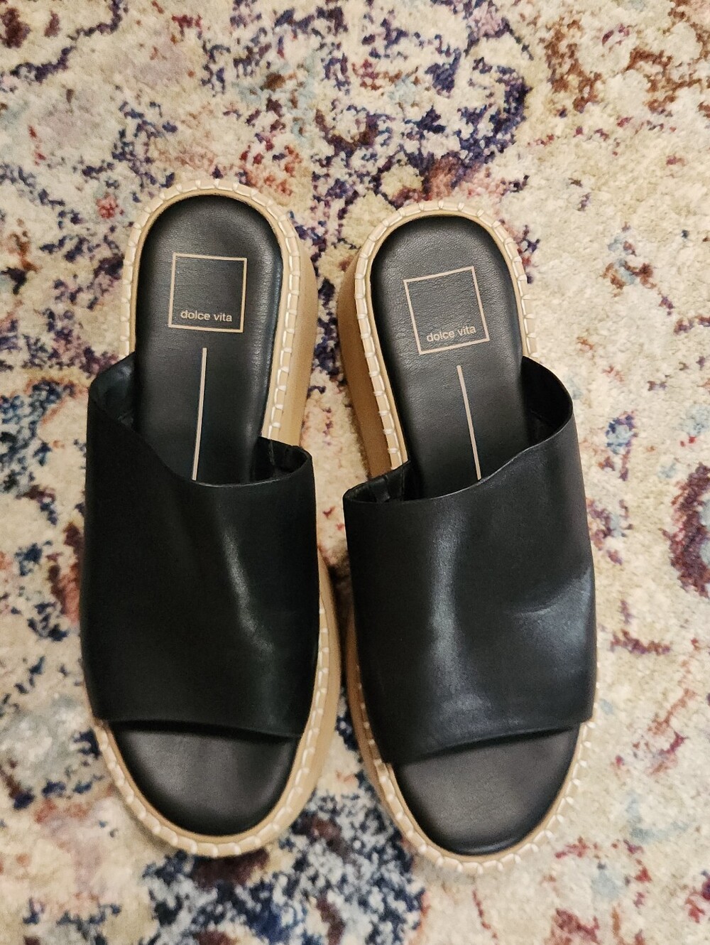 Dolce Vita Chavi Slide Sandal Straw Wrapped Platform Black Leather Size 9.5 - Picture 4 of 11